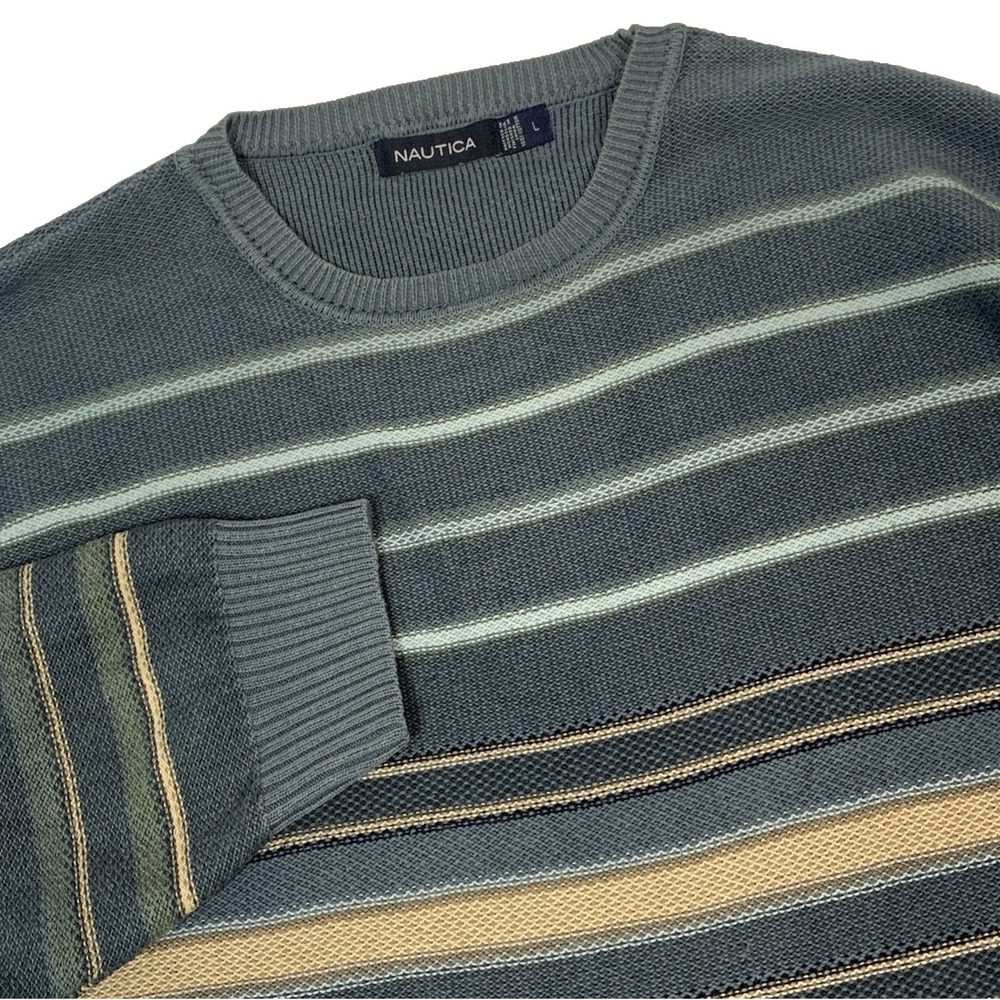 Nautica Blue Striped Pullover Sweater Mens L 100% Cotton Crew Neck Preppy